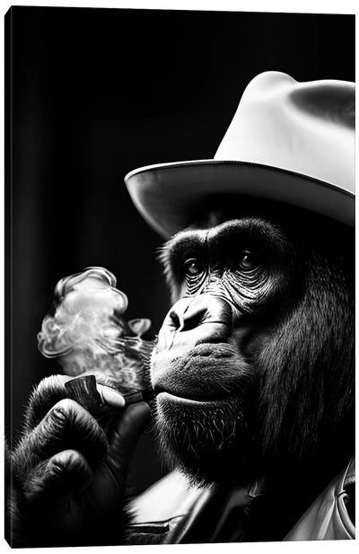 Gorilla Smoking Portrait, Hat On Head And Elegantly Dressed, Animal Black And White V Canvas Art Print - Adrian Vieriu