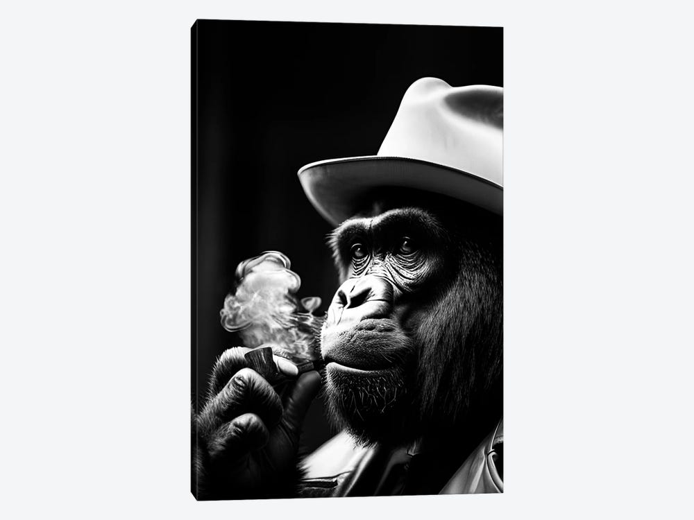 Gorilla Smoking Portrait, Hat On Head And Elegantly Dressed, Animal Black And White V by Adrian Vieriu 1-piece Canvas Wall Art