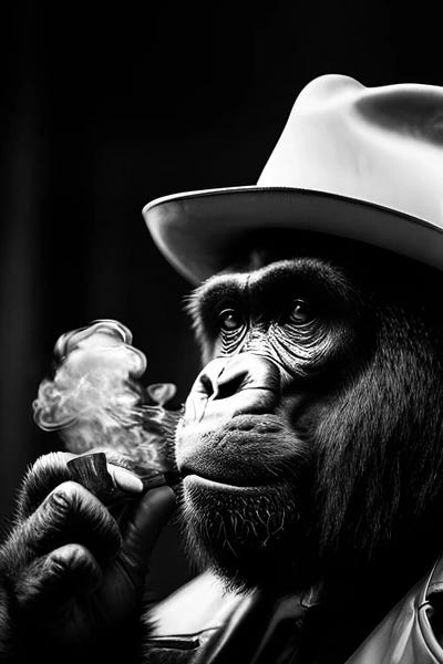 Gorillas: Gorilla Smoking Portrait, Hat On Head And Elegantly Dressed, Animal Black And White V by Adrian Vieriu