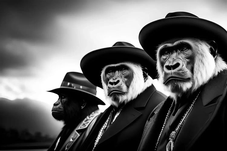 A Group Of Gorillas With Hats And Dressed Elegantly, Black And White IV