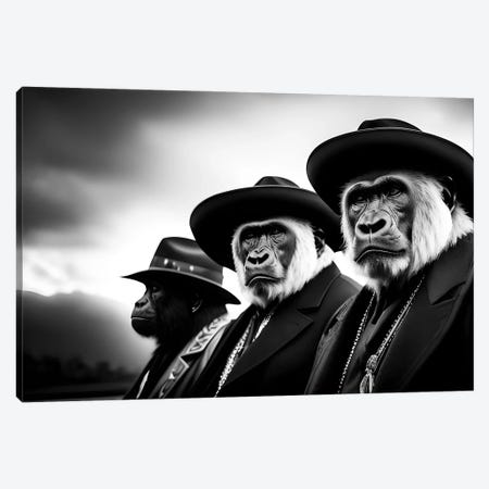 A Group Of Gorillas With Hats And Dressed Elegantly, Black And White IV Canvas Print #AVU279} by Adrian Vieriu Canvas Art