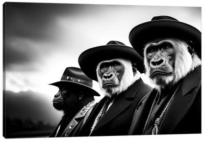 A Group Of Gorillas With Hats And Dressed Elegantly, Black And White IV Canvas Art Print - Gorilla Art