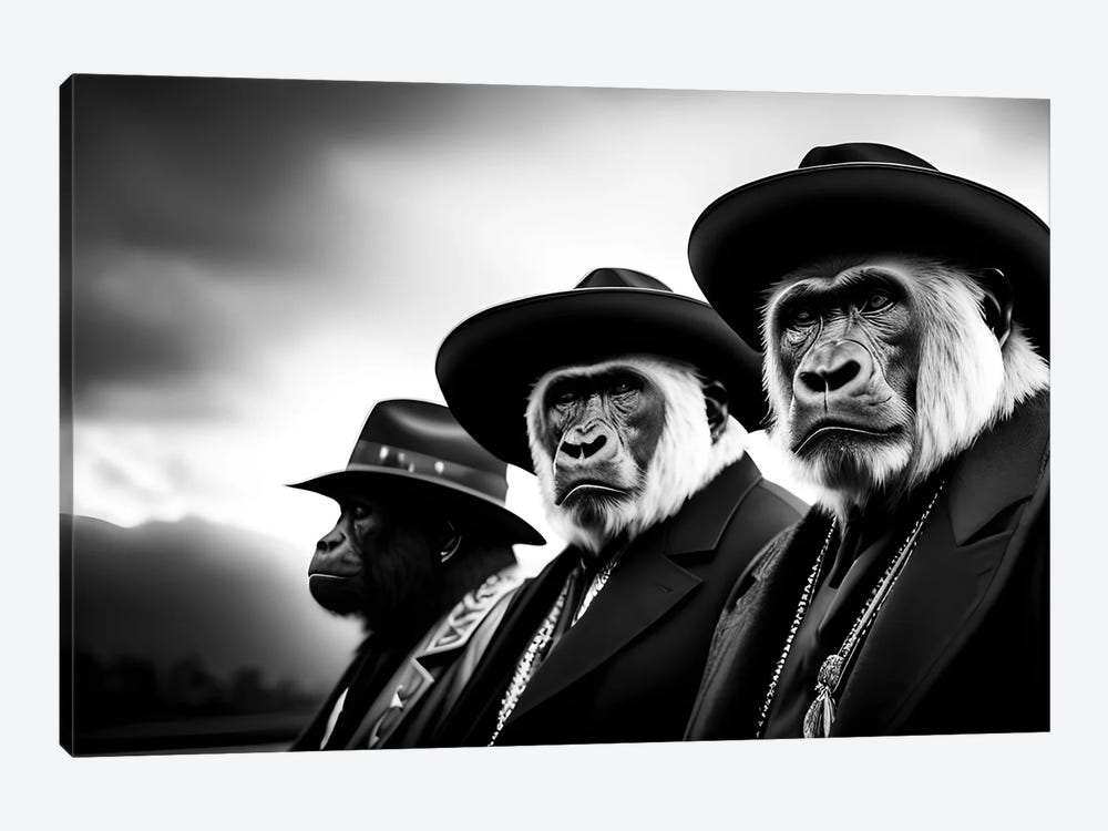 A Group Of Gorillas With Hats And Dressed Elegantly, Black And White IV by Adrian Vieriu 1-piece Canvas Wall Art