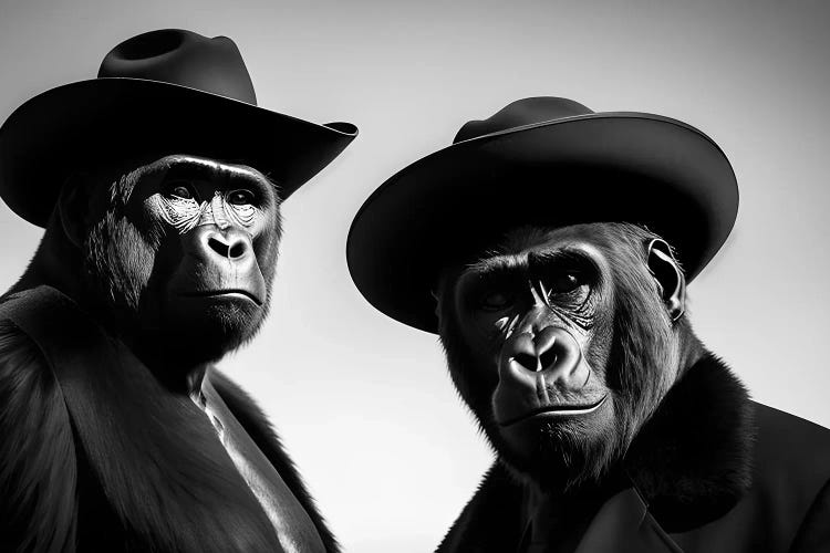 A Group Of Gorillas With Hats And Dressed Elegantly, Black And White V