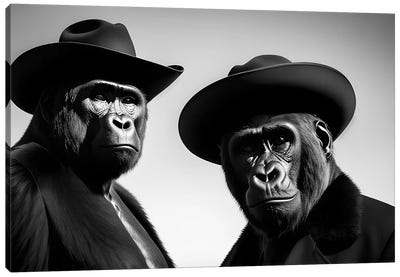 A Group Of Gorillas With Hats And Dressed Elegantly, Black And White V Canvas Art Print - Adrian Vieriu
