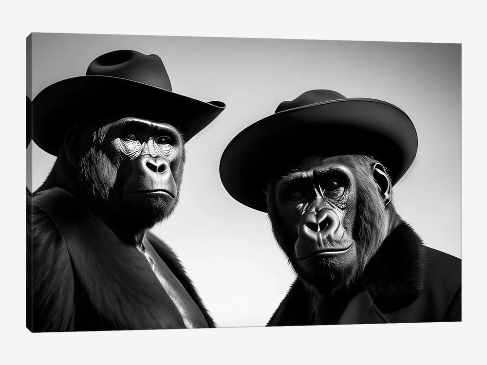 A Group Of Gorillas With Hats And Dressed Elegantly, Black And White V by Adrian Vieriu 1-piece Canvas Wall Art