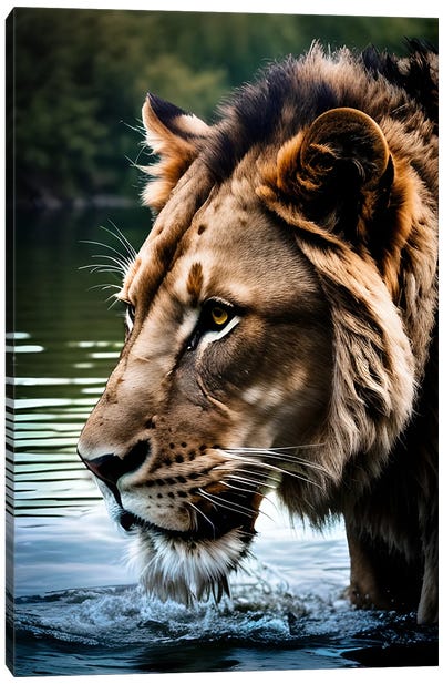 Portrait Of A Lion In The Water Canvas Art Print - Adrian Vieriu