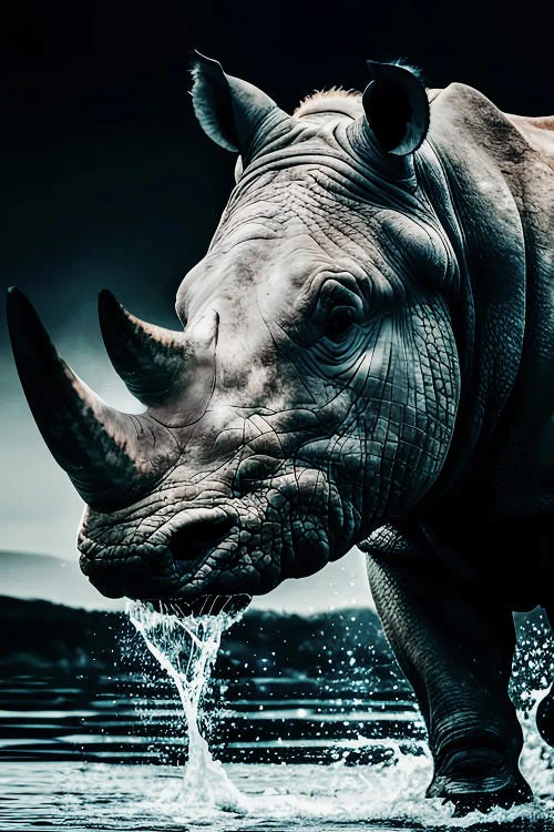 Rhino Portrait, Face Animal In Water