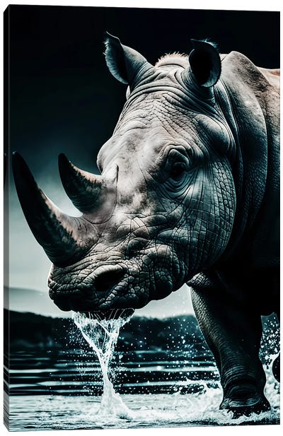 Rhino Portrait, Face Animal In Water Canvas Art Print - Rhinoceros Art