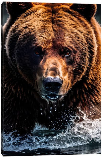 Bear Portrait, Face Animal In Water Canvas Art Print - Grizzly Bear Art