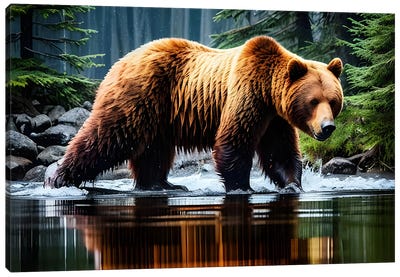 Bear Animal In Water Canvas Art Print - Grizzly Bear Art