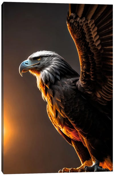 Eagle With Open Wings In The Sunset Canvas Art Print - Sunrises & Sunsets Scenic Photography