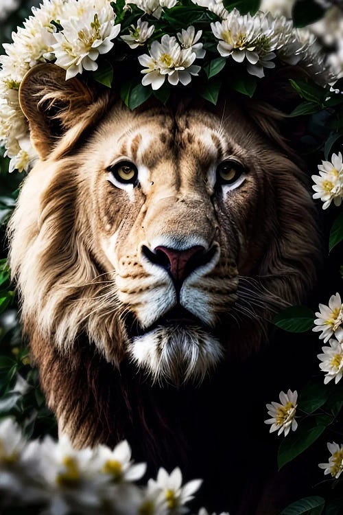 Portrait White Lion Surrounded By Flowers