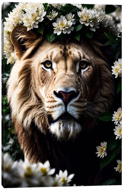 Portrait White Lion Surrounded By Flowers Canvas Art Print - Adrian Vieriu