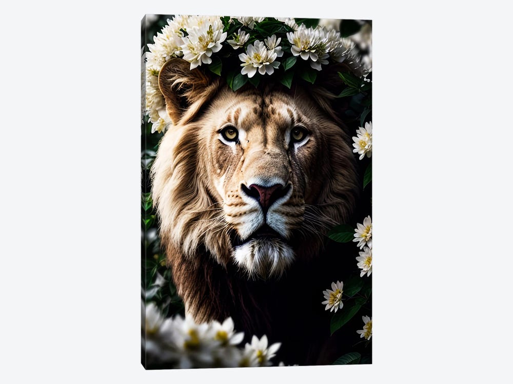 Portrait White Lion Surrounded By Flowers by Adrian Vieriu 1-piece Canvas Art