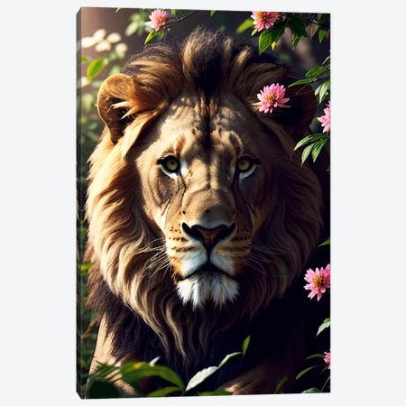 Portrait White Lion Surrounded By Flowers V Canvas Print #AVU374} by Adrian Vieriu Canvas Wall Art