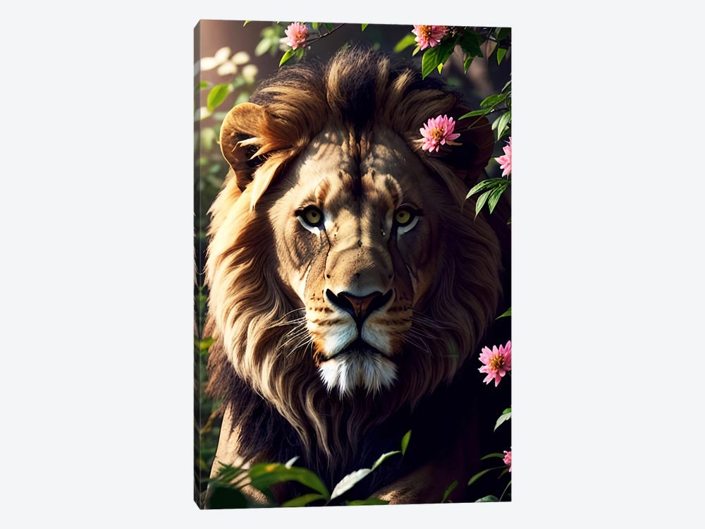 Portrait White Lion Surrounded By Flowers V by Adrian Vieriu 1-piece Canvas Wall Art