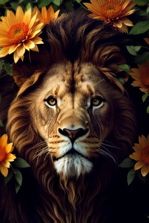 Lion Surrounded By Flowers Yellow by Adrian Vieriu wall art