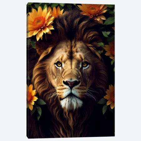 Lion Surrounded By Flowers Yellow Canvas Print #AVU377} by Adrian Vieriu Canvas Artwork