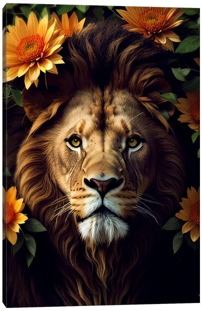 Lion Surrounded By Flowers Yellow Canvas Art Print - Adrian Vieriu