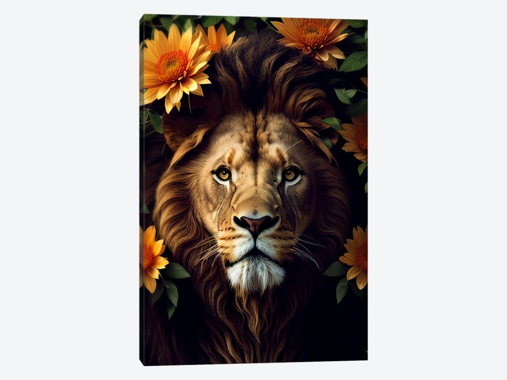 Lion Surrounded By Flowers Yellow by Adrian Vieriu 1-piece Art Print
