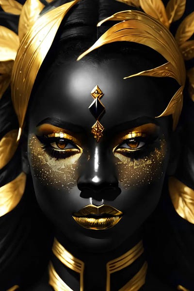 Portrait Of A Woman With Black Skin And Golden Make-Up, Gold And Black by Adrian Vieriu framed canvas print