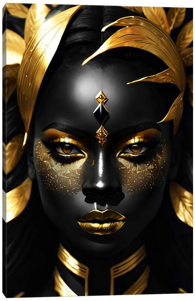 Portrait Of A Woman With Black Skin And Golden Make-Up, Gold And Black Canvas Art Print - Adrian Vieriu