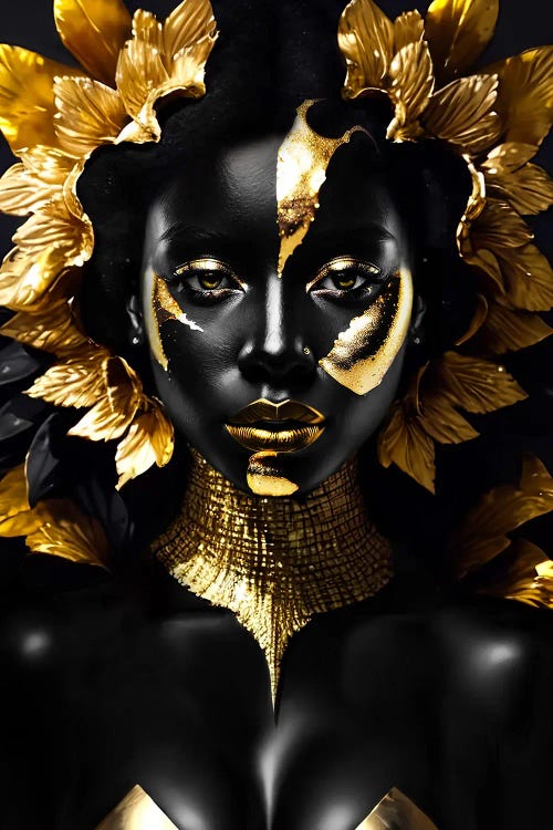 Woman With Black Skin And Golden Make-Up, Black And Gold Background