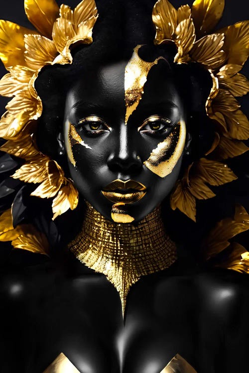 Woman With Black Skin And Golden Make-Up, Black And Gold Background by Adrian Vieriu wall art