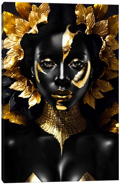 Woman With Black Skin And Golden Make-Up, Black And Gold Background Canvas Art Print - Adrian Vieriu