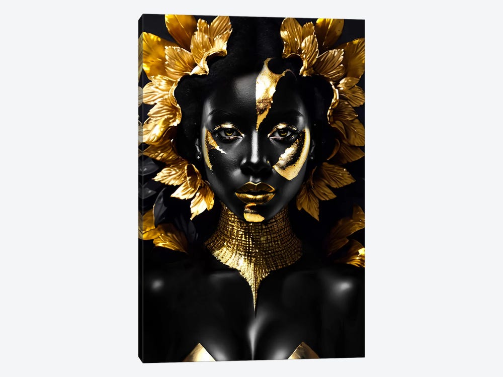 Woman With Black Skin And Golden Make-Up, Black And Gold Background by Adrian Vieriu 1-piece Canvas Art Print
