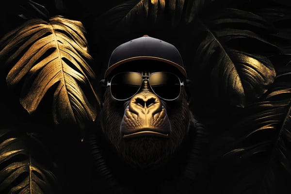 Fine Art Print: Animal Golden Gorilla Fashion With Glasses In The Forest by Adrian Vieriu
