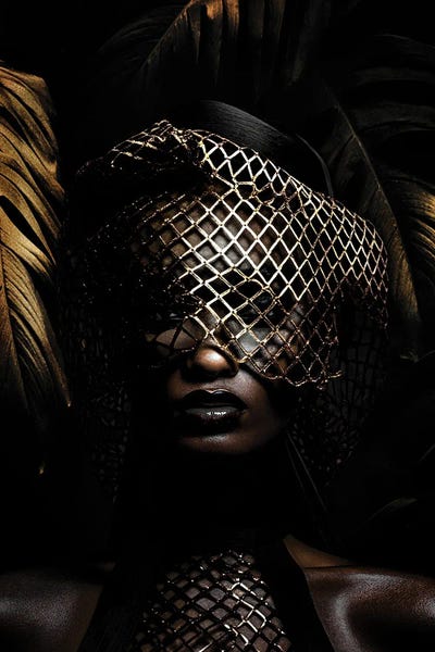 Black & White & Gold: Fashion Black Woman Golden In The Forest by Adrian Vieriu