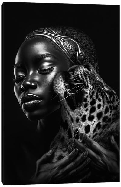 Black Woman And The Animal Leopard Canvas Art Print - Gray Art