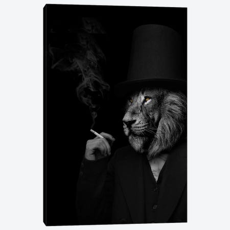 Man In The Form Of A Lion Person Black And White Smoking Canvas Print #AVU66} by Adrian Vieriu Canvas Wall Art
