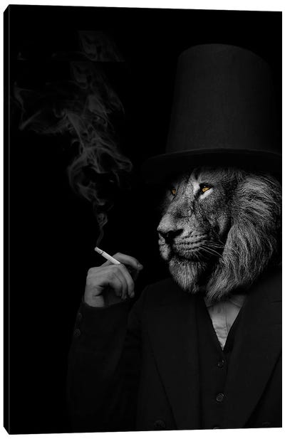 Man In The Form Of A Lion Person Black And White Smoking Canvas Art Print - Lion Art