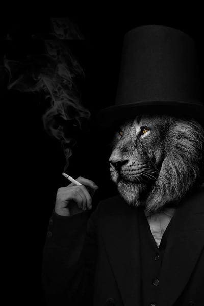 Office Humor: Man In The Form Of A Lion Person Black And White Smoking by Adrian Vieriu