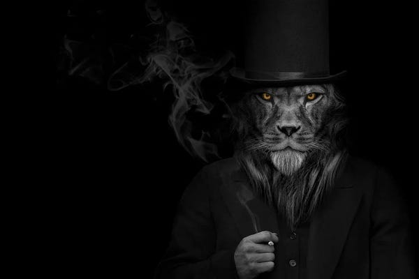 Office Humor: Man In The Form Of A Lion Person Smoking Staring by Adrian Vieriu