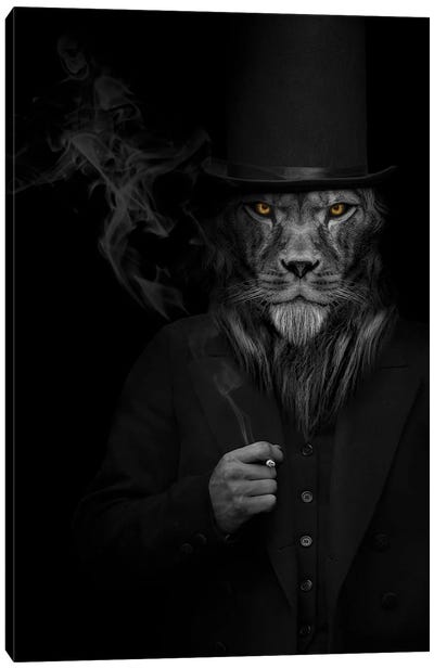 Man In The Form Of A Lion Person Smoking Animal Canvas Art Print - Lion Art