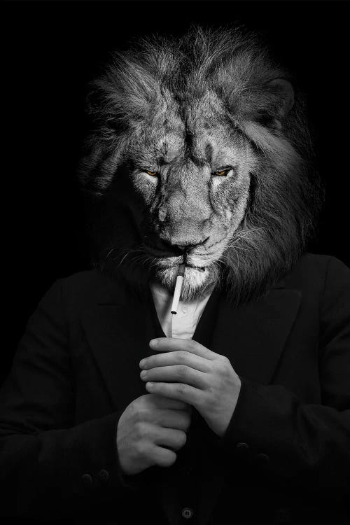 Man In The Form Of A Lion Person Lighting Up A Smoke Black White by Adrian Vieriu wall art