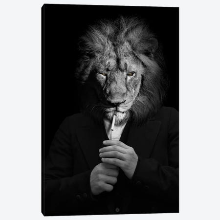Man In The Form Of A Lion Person Lighting Up A Smoke Black White Canvas Print #AVU71} by Adrian Vieriu Canvas Artwork