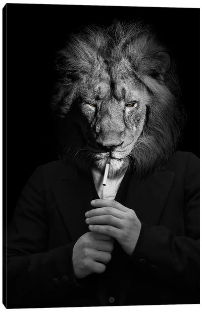 Man In The Form Of A Lion Person Lighting Up A Smoke Black White Canvas Art Print - Adrian Vieriu