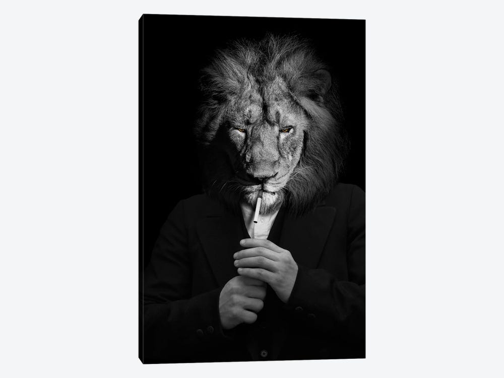 Man In The Form Of A Lion Person Lighting Up A Smoke Black White by Adrian Vieriu 1-piece Canvas Art Print