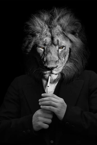 Office Humor: Man In The Form Of A Lion Person Lighting Up A Smoke Black White by Adrian Vieriu