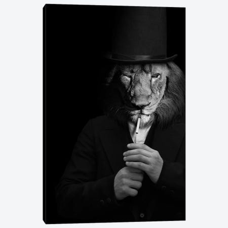 Man In The Form Of A Lion Person Lighting Up A Smoke With Hat Black White Canvas Print #AVU72} by Adrian Vieriu Canvas Artwork