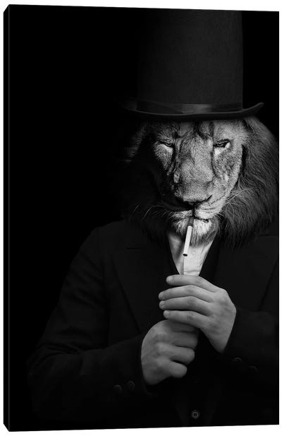 Man In The Form Of A Lion Person Lighting Up A Smoke With Hat Black White Canvas Art Print - Adrian Vieriu