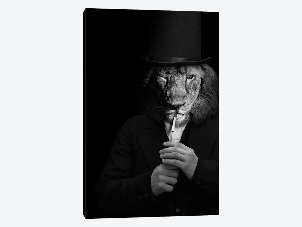 Man In The Form Of A Lion Person Lighting Up A Smoke With Hat Black White by Adrian Vieriu 1-piece Canvas Wall Art