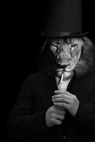 Office Humor: Man In The Form Of A Lion Person Lighting Up A Smoke With Hat Black White by Adrian Vieriu