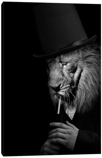 Man In The Form Of A Lion Lighting Up A Smoke Canvas Art Print - Adrian Vieriu