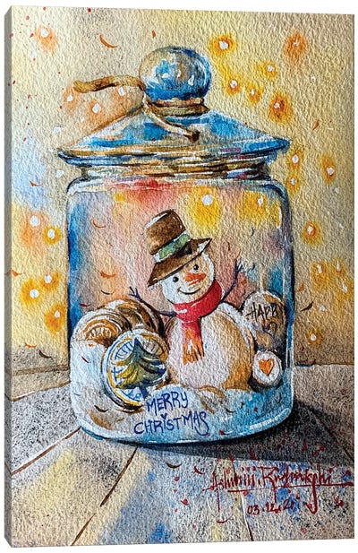 Snowman In Jar Canvas Art Print